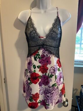 Victoria's Secret White Floral Satin Chemise with Black Lace Bodice